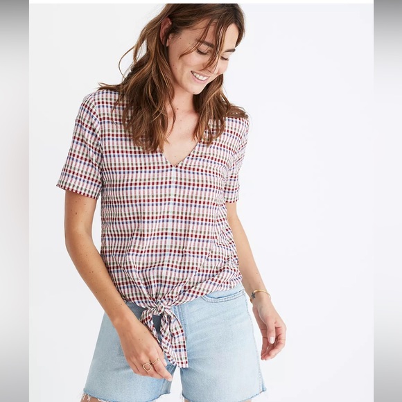 Madewell tie front top rainbow gingham check 3X v-neck short sleeve pullover - Picture 10 of 11